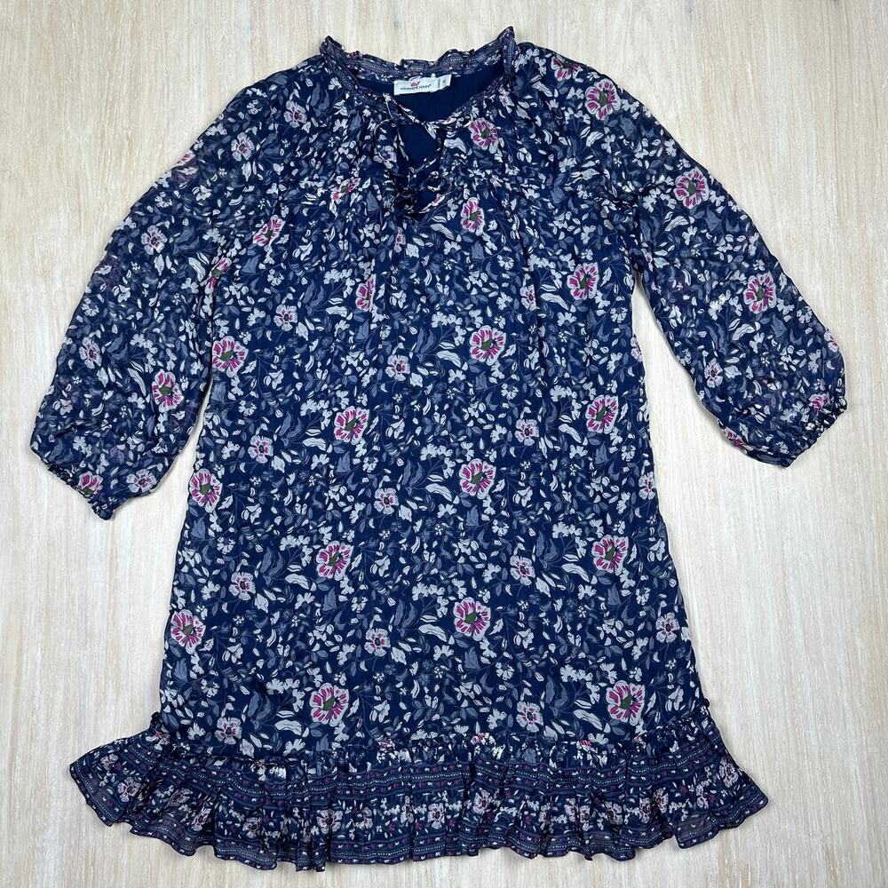 Vineyard Vines Blue Helenium Silk Blend Floral Long Sleeve Tired Ruffle Dress XS